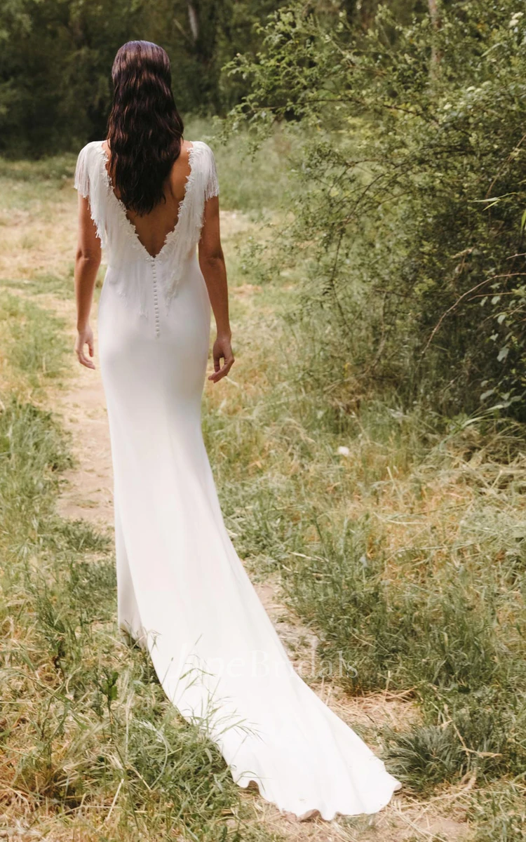 Sheath V-neck Satin Romantic Country Wedding Dress With Deep-V Back And Ruffles