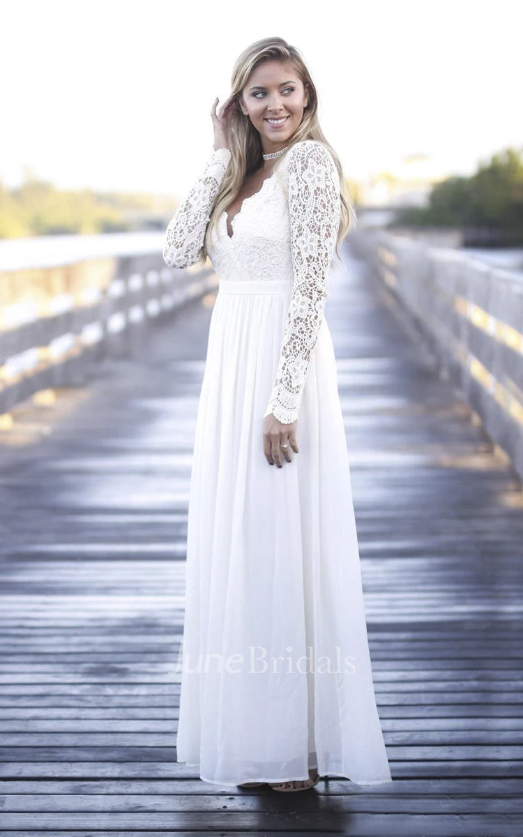 Scalloped Plunging Boho A-line Lace Long Sleeve Open Back Chiffon Gown