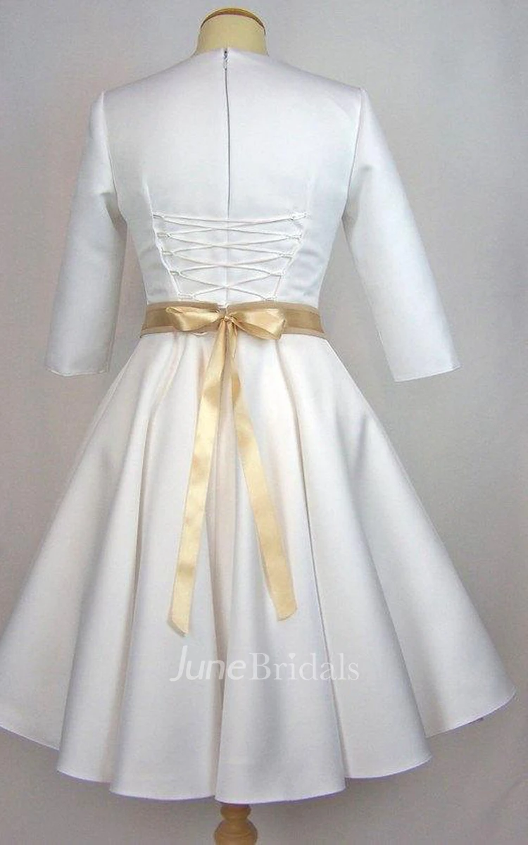 V-Neck Half-Sleeve A-Line Satin Short Wedding Dress With Sash