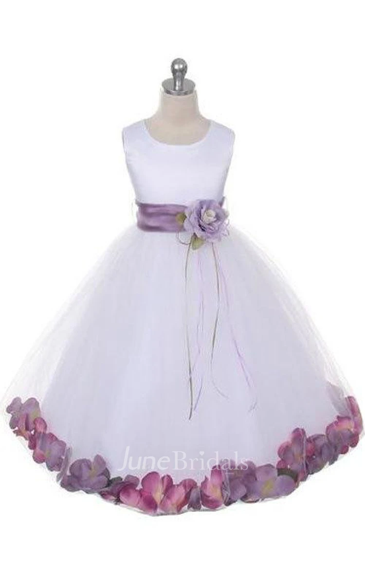 Satin Bust Pleated A-line Tulle Dress With Floating Petals and Organza Sash