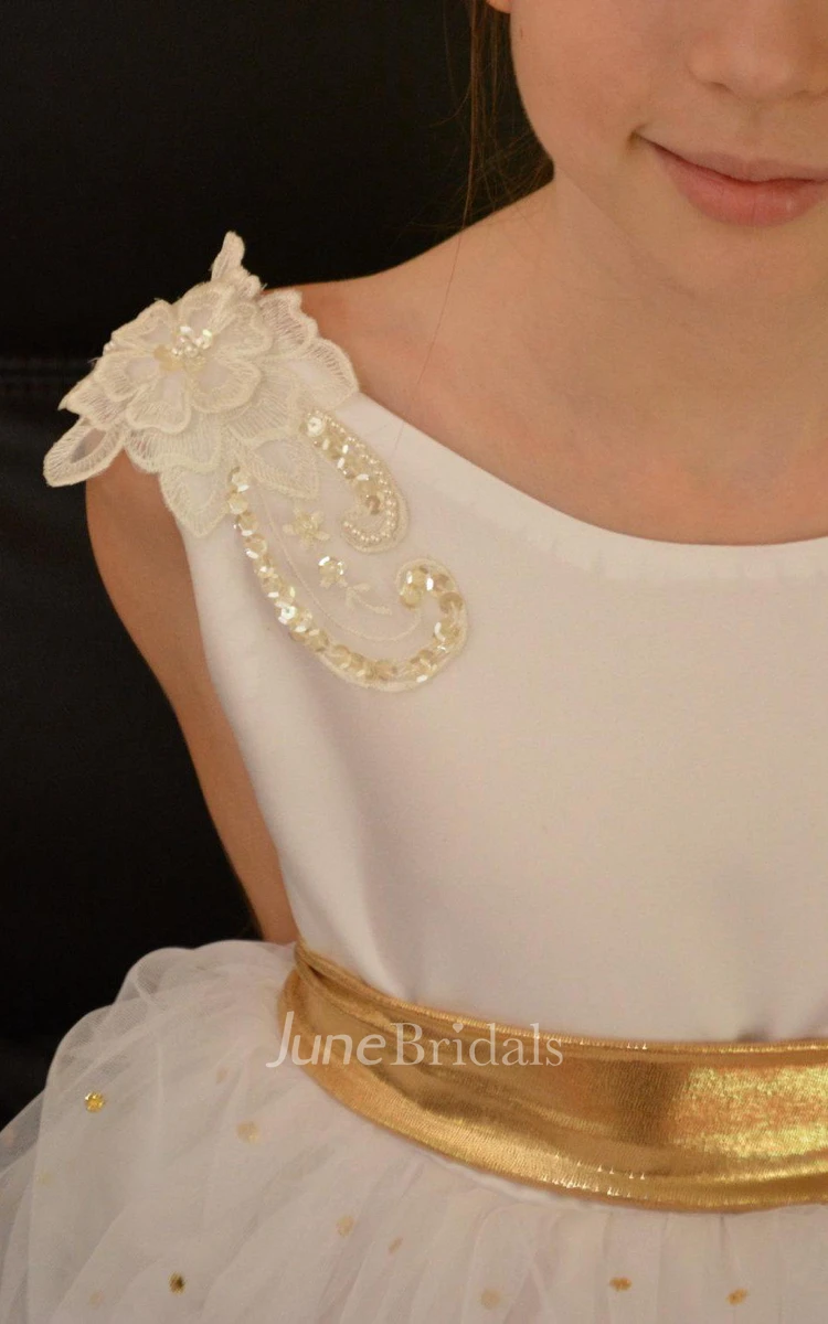 Sleeveless Jewel Neck Tulle Dress With Satin Belt