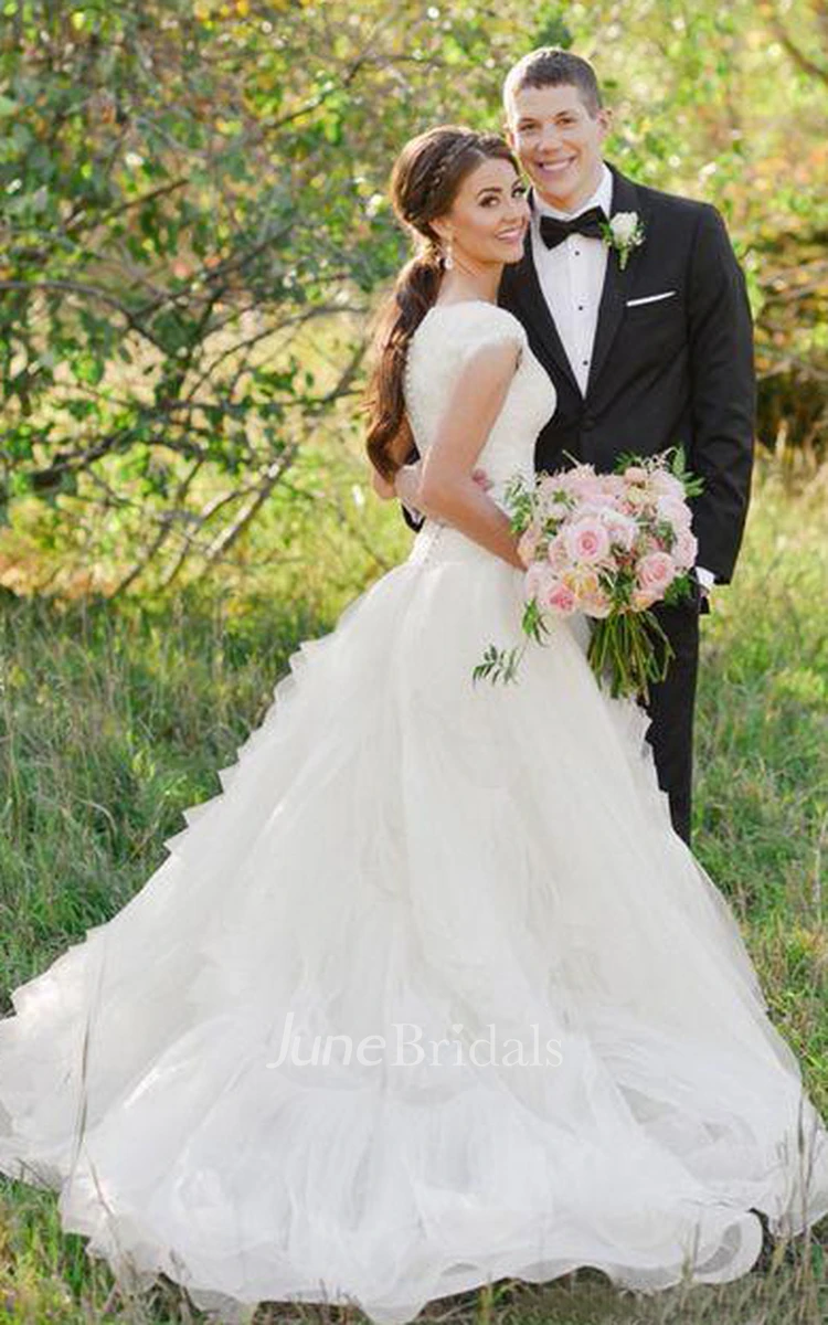 Cowboy Boots V-neck Ruffles Tiered Skirt A-line Lace Organza Wedding Dress  with Cap Sleeves - June Bridals