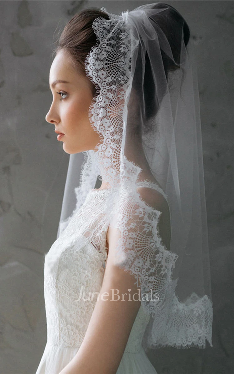 Short Tulle Lace Applique Bridal Veil - June Bridals