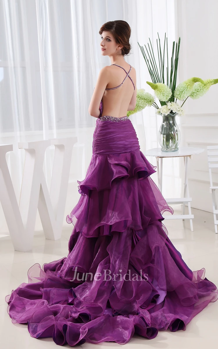 Sleeveless Front-Split Ruched Dress With Beading and Ruffles