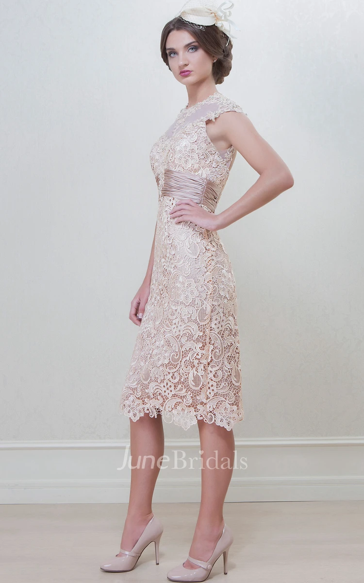 High Neck Cap-sleeve Pencil Lace Dress With Ruched waist And Keyhole