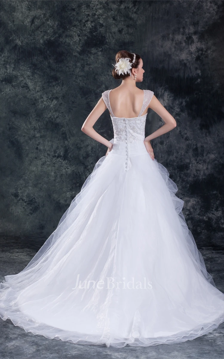 Caped-Sleeve Tulle A-Line Ball Gown with Beading and Embroideries