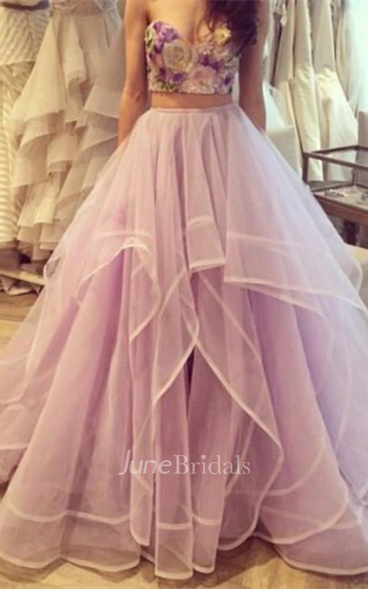 Beautiful Flowers Sweetheart Tulle Prom Dress Two Pieces