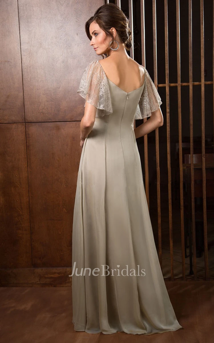 A-Line Rucheds Jewels V-Neckline Short-Sleeved Gown