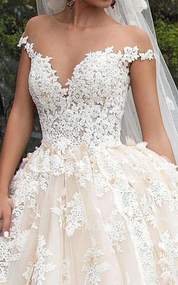 Ball Gown Mini Jewel Bell Illusion Beading Appliques Flower Illusion Flower Chapel Train Button Illusion Tulle Lace Dress