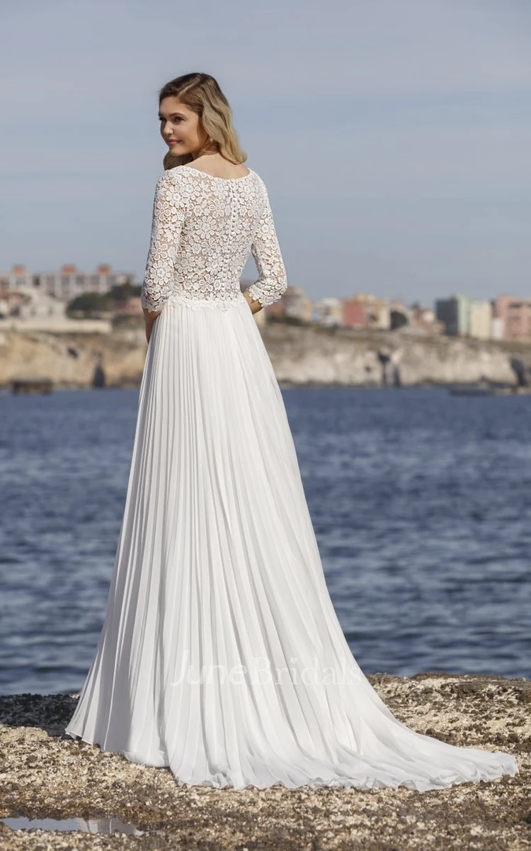 Elegant Half Sleeve Front Split Lace Chiffon Button Wedding Dress