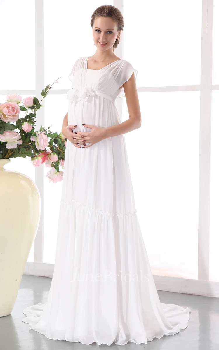 Chic Pleated Soft Flowing Fabric Maternity Wedding Dress With Floral Waistband