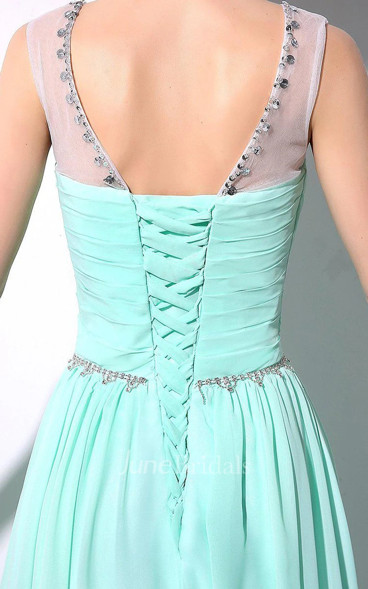 Sleeveless A-line Chiffon Dress With Illusion Neckline