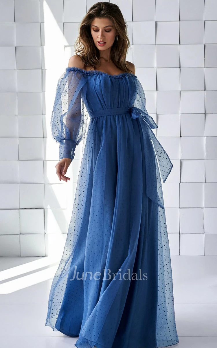 Modest Tulle Off-the-shoulder A Line Floor-length Prom Dress with Ruching and Sash
