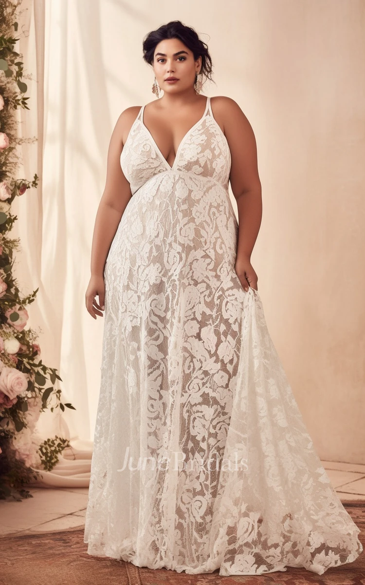2024 Sexy Floral Plus Size Boho Lace Wedding Dress Elegant Country Garden  Beach Spaghetti Straps V-Neck Bridal Gown - June Bridals