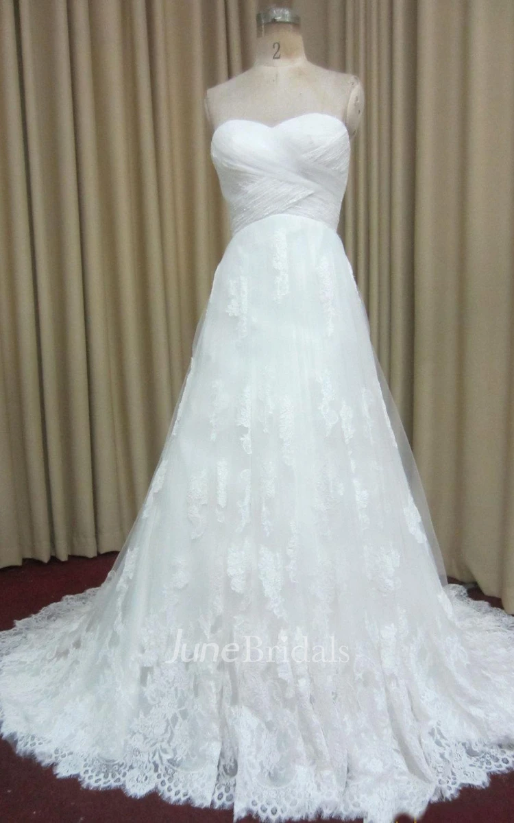 Long A-Line Criss-Cross Wedding Dress With Lace Trim and Ruching