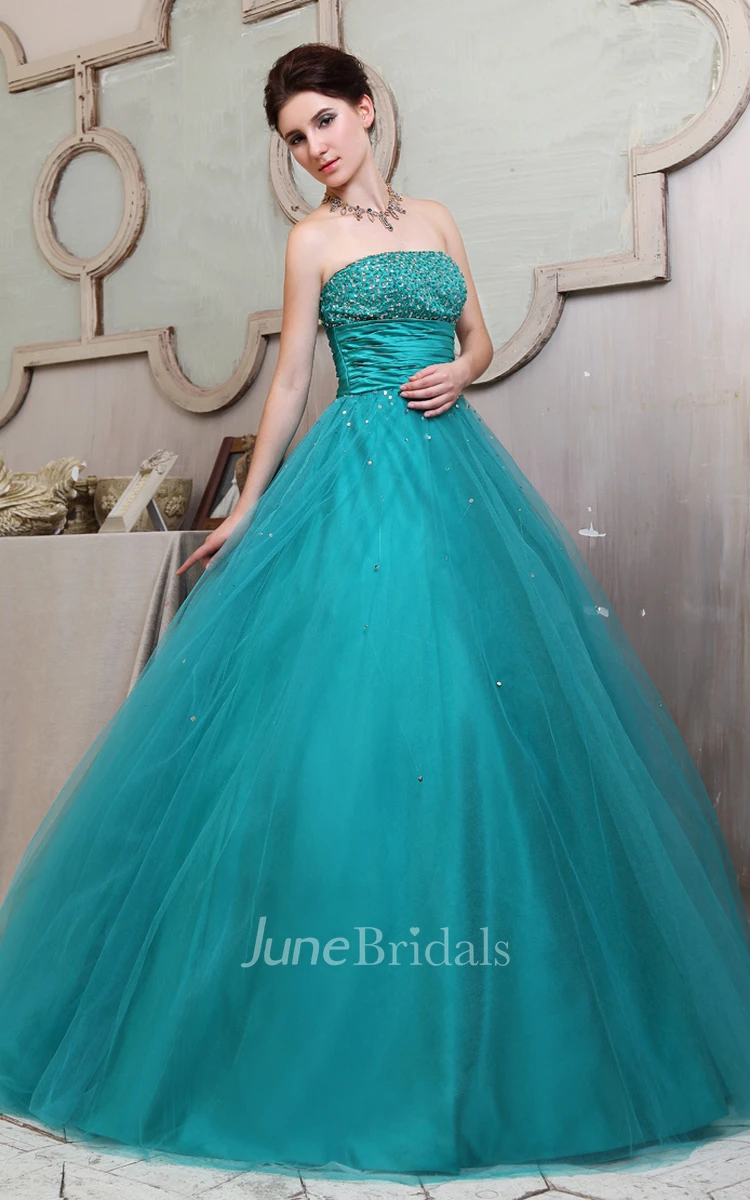 A-Line Strapless Floral Ball Gown With Ruffles And Crystal Detailing
