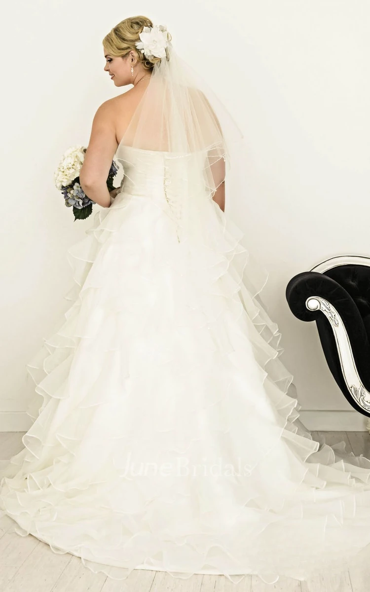 A-Line Ruffled Sweetheart Floor-Length Organza Plus Size Wedding Dress With Criss Cross And Tiers