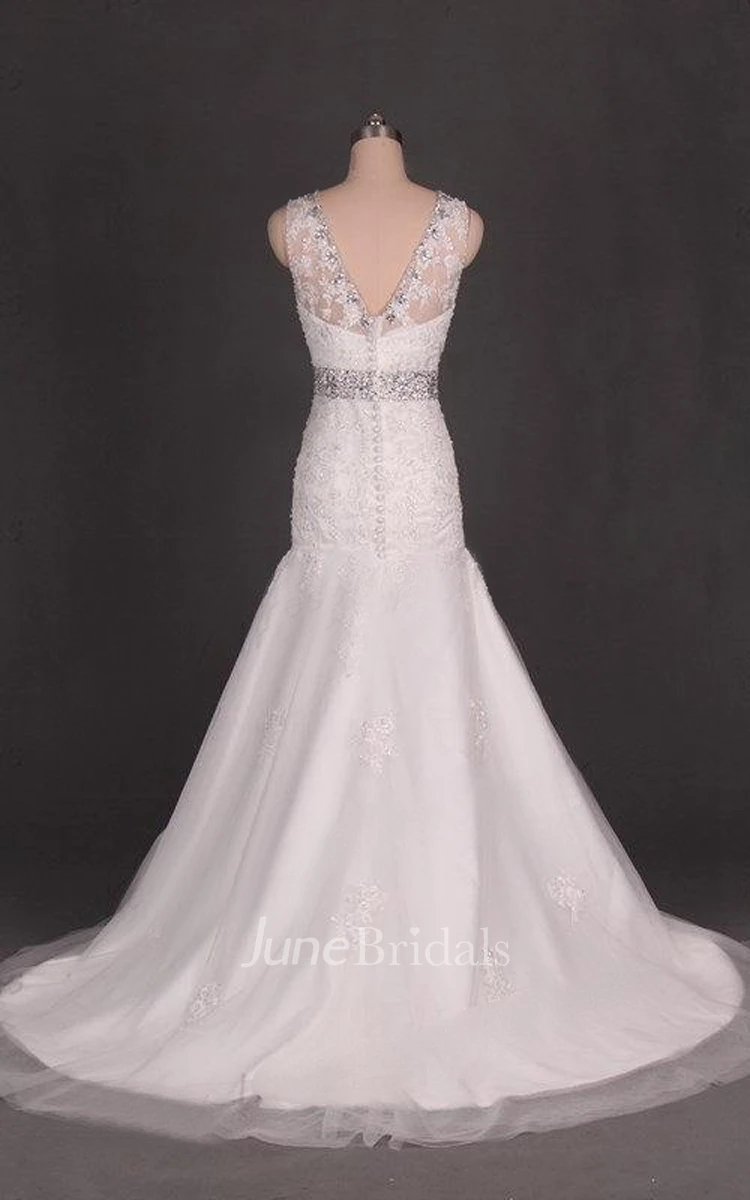 Jewel Low-V Back Mermaid Tulle Wedding Dress With Crystal Detailing And Appliques