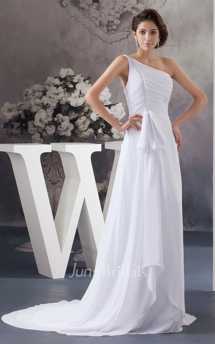 One-Shoulder Chiffon Ruched Dress with Bow and Brush Train