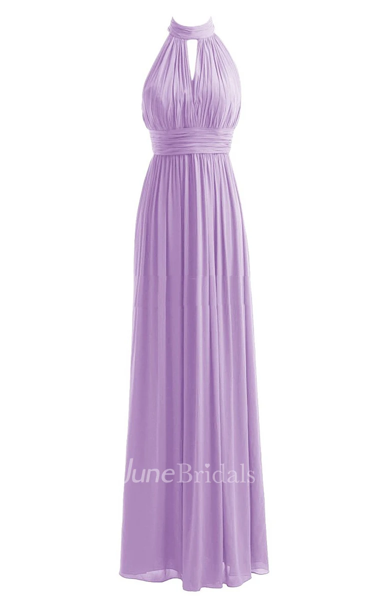 High Neck Notched Pleated Chiffon A-line Gown