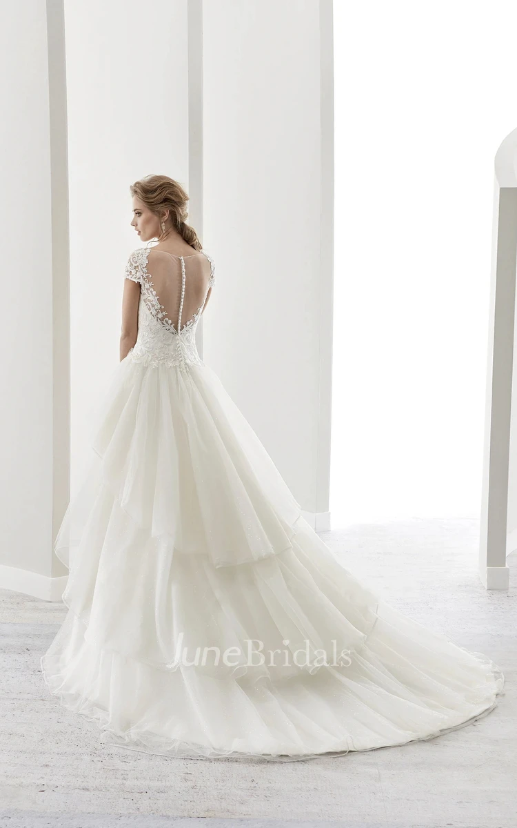 Illusion Jewel-Neck High-Low Bridal Gown With Ruffles And T-Shirt Sleeves