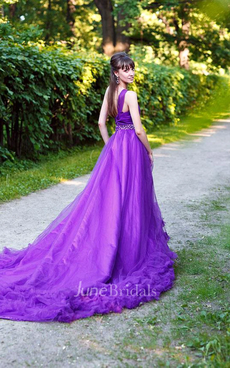 Glamorous One Shoulder Purple Tulle Prom Dress New Fashion Cloud Wedding Gown