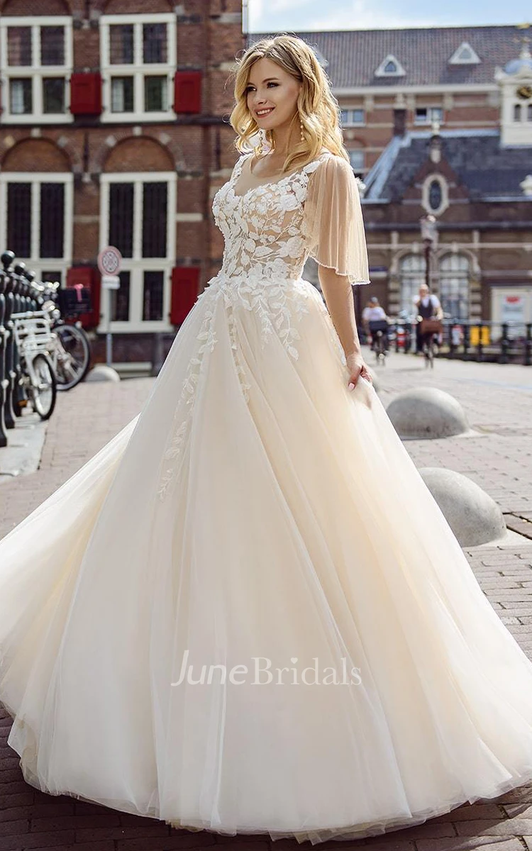 Charming Tulle and Lace V-neck Ball Gown Court Train Wedding Dress with Ruching