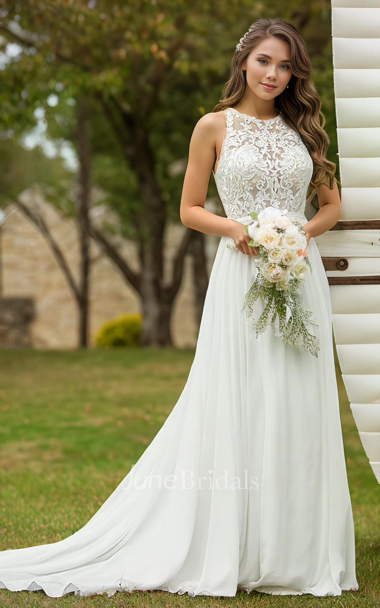 Floral Romantic Boho Lace A-Line Wedding Dress Modest Casual Garden Chiffon Sweep Train Bridal Gown