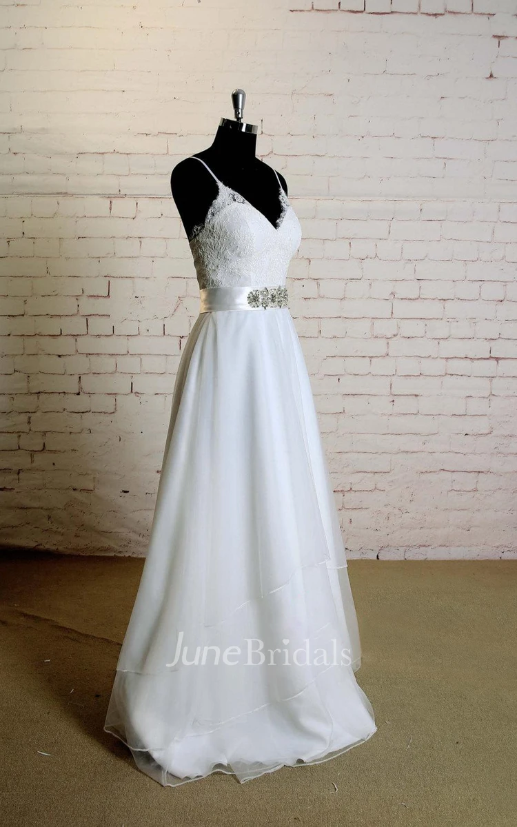 Spaghetti Strap Soft Layered Tulle Wedding Dress With Lace Top