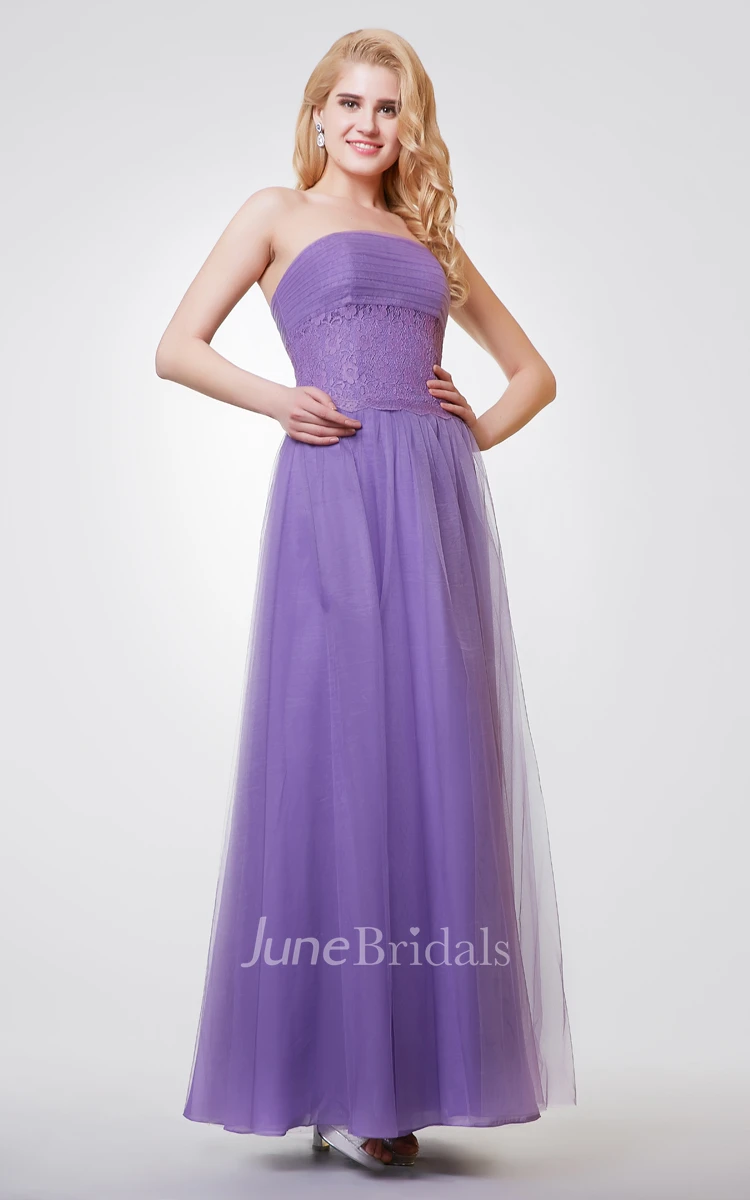 Strapless A-line Long Ruched Chiffon and Lace Dress
