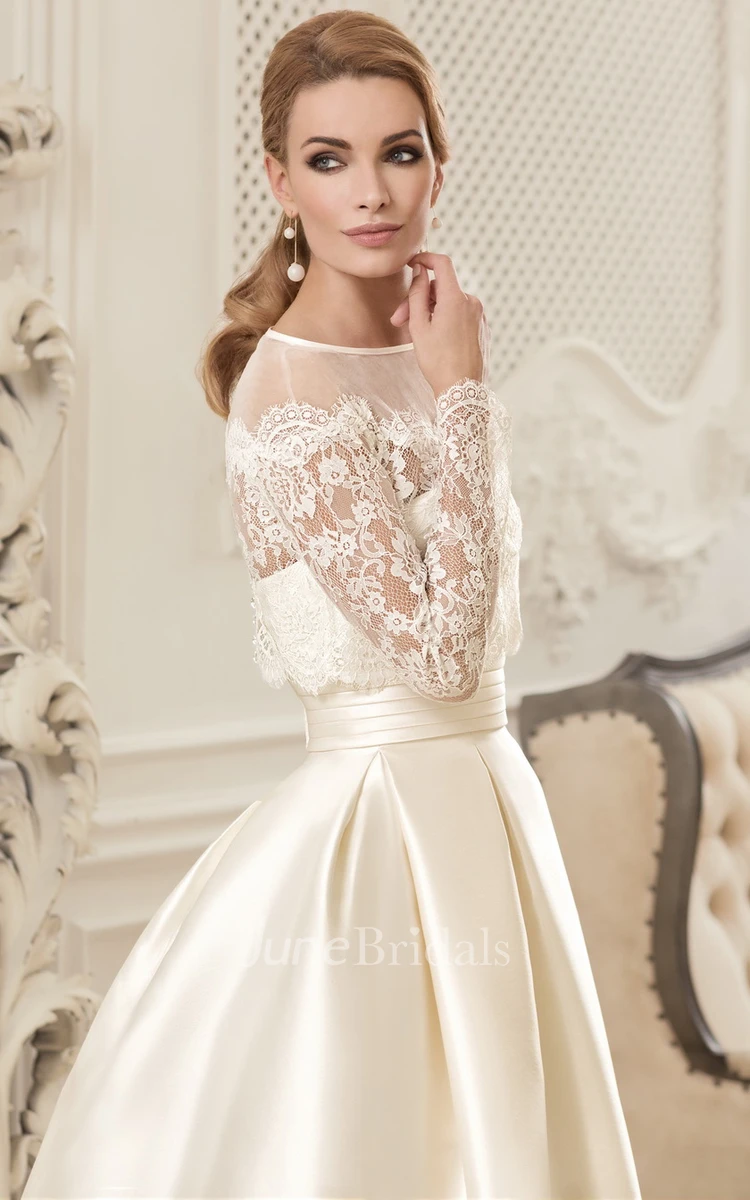 Modern A Line Floor-length Long Sleeve Satin Jewel Wedding Dress with Ruching