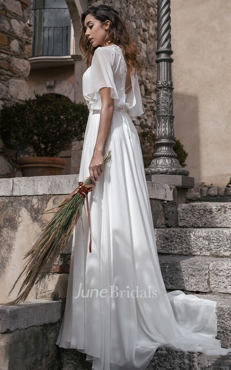 Bohemian A Line Jewel Chiffon Sweep Train Wedding Dress with Sash