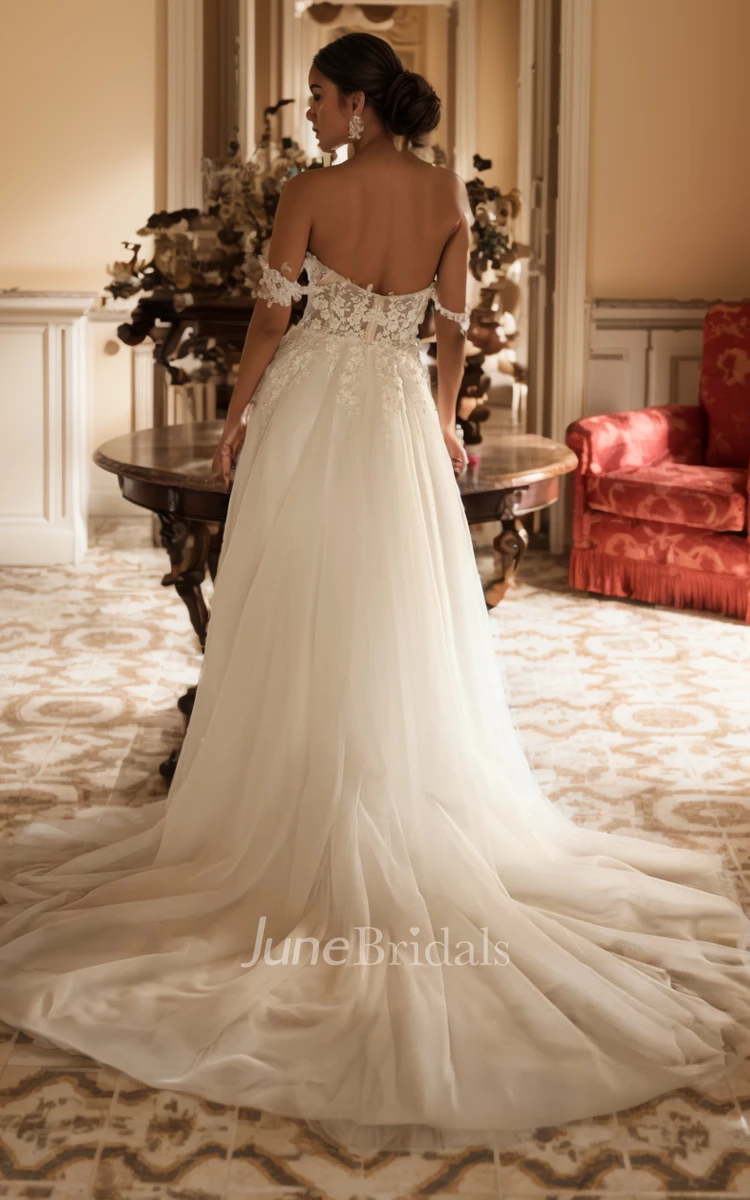 Fairy Ethereal A-Line Off-the-Shoulder Lace Wedding Dress Sexy Romantic Split Front Backless Bridal Gown