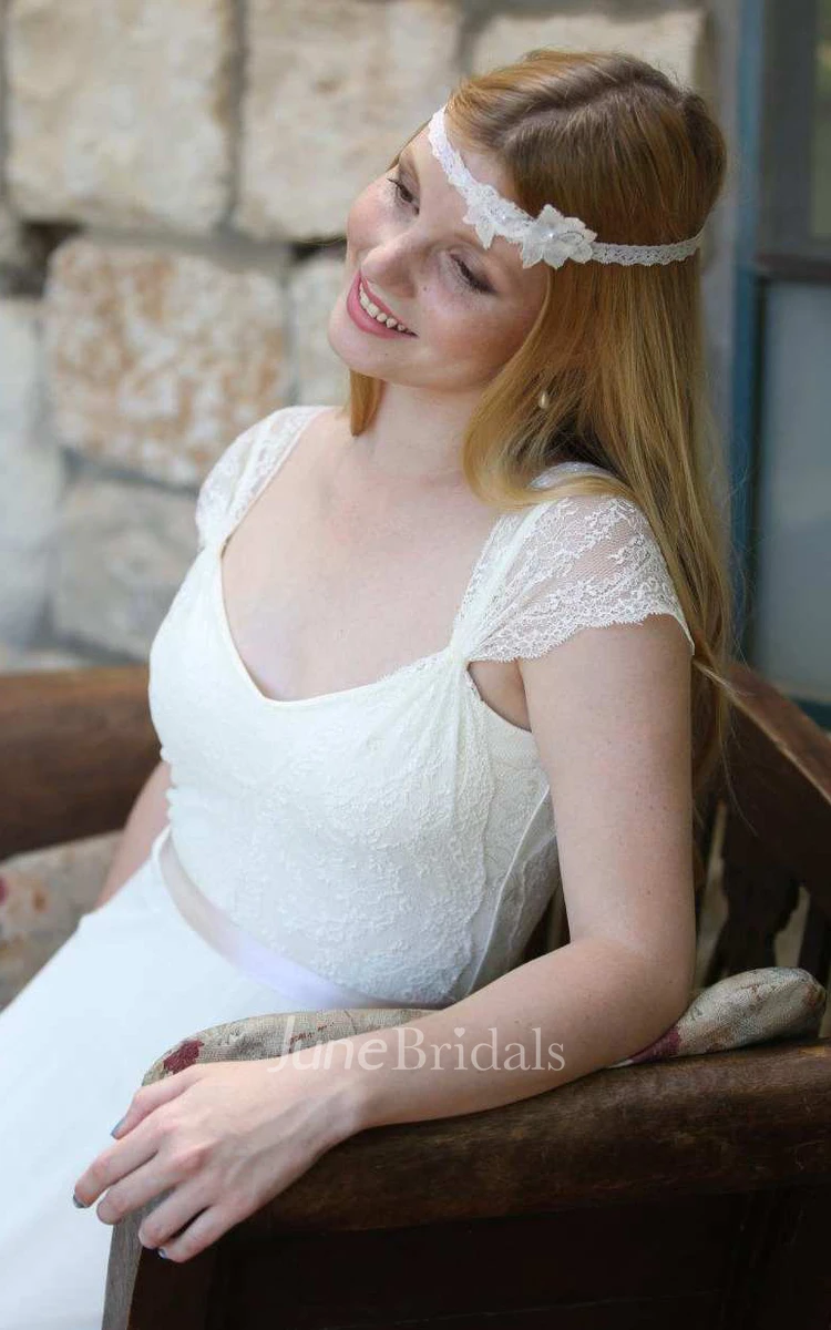 Casual Lace Cap-Sleeve Chiffon Sheath Long Wedding Dress With Deep-V Back