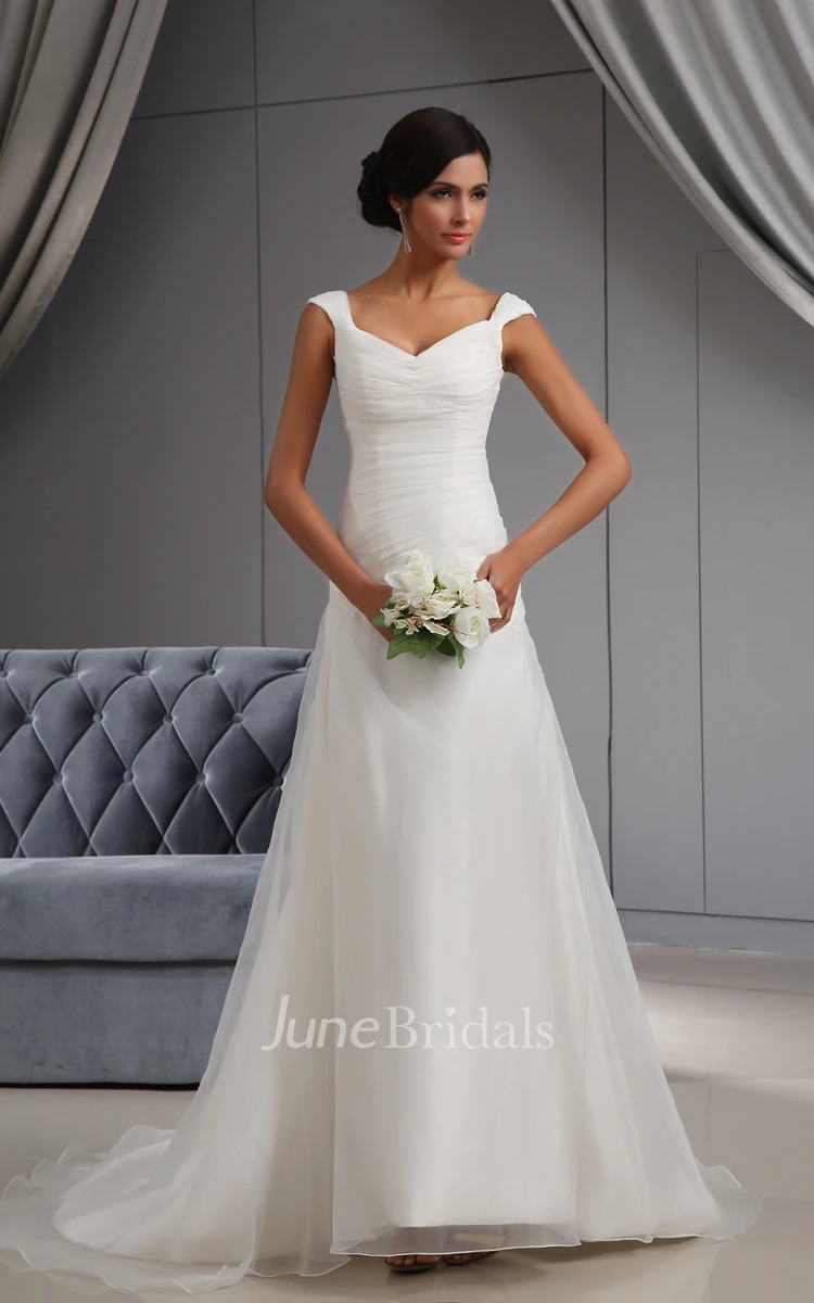 Plunged Organza Ruched Dress With Tulle Overlay