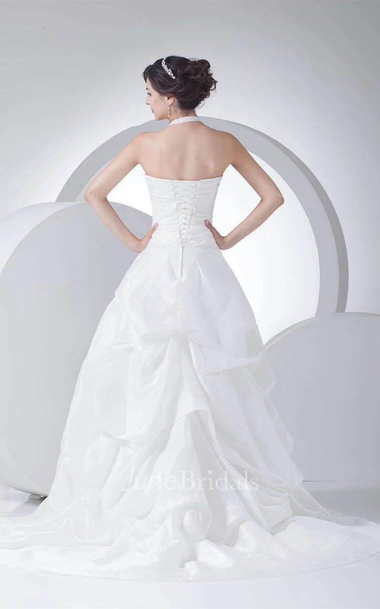 Ruched A-Line Pick-Up Gown with Halter and Corset Back