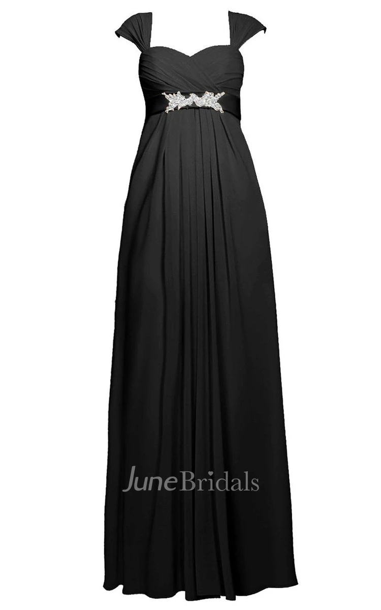 Cap-sleeved Long Pleated Gown With Empire Waist