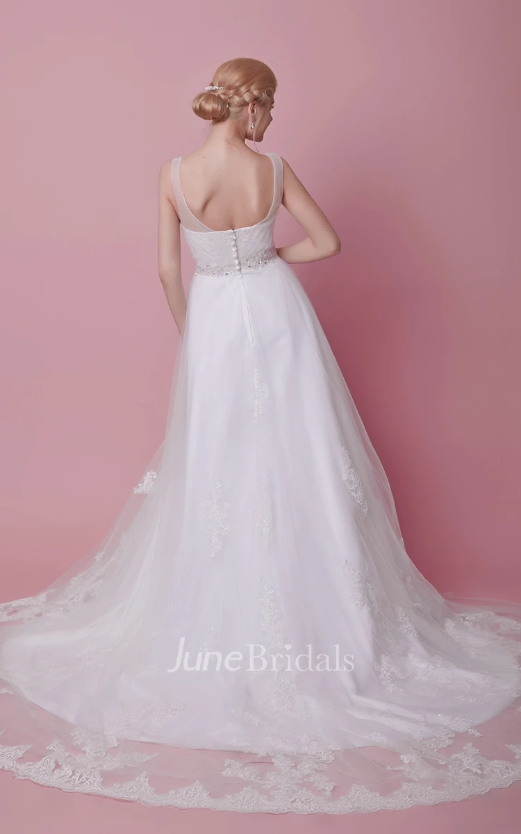 Lace-Appliqued Tulle Dress With Beaded Waist and Illusion Straps