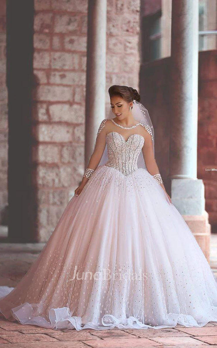 Gorgeous Long Sleeve Beadings Wedding Dresses Tulle Ball Gown