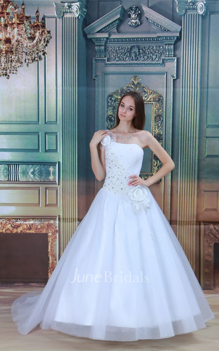 One-Shoulder Jeweled Ball Gown with Ruching and Flower