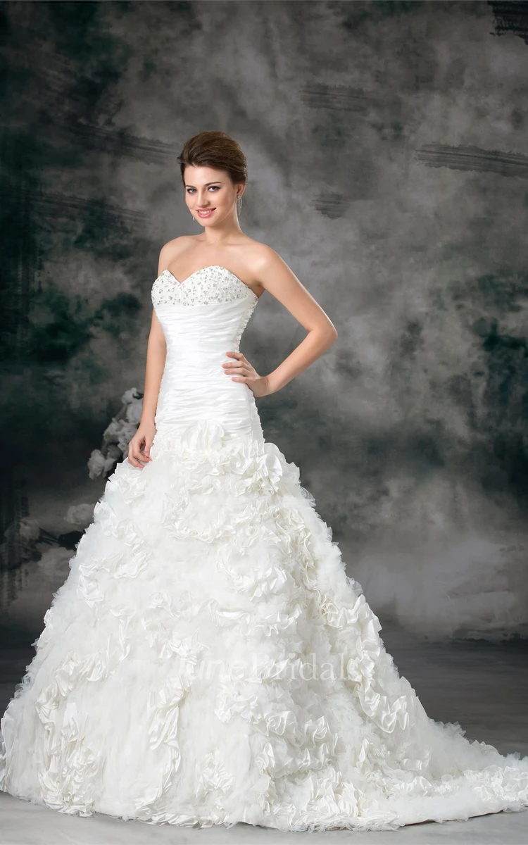 sweetheart a-line ruched dress with ruffled skirt and beading