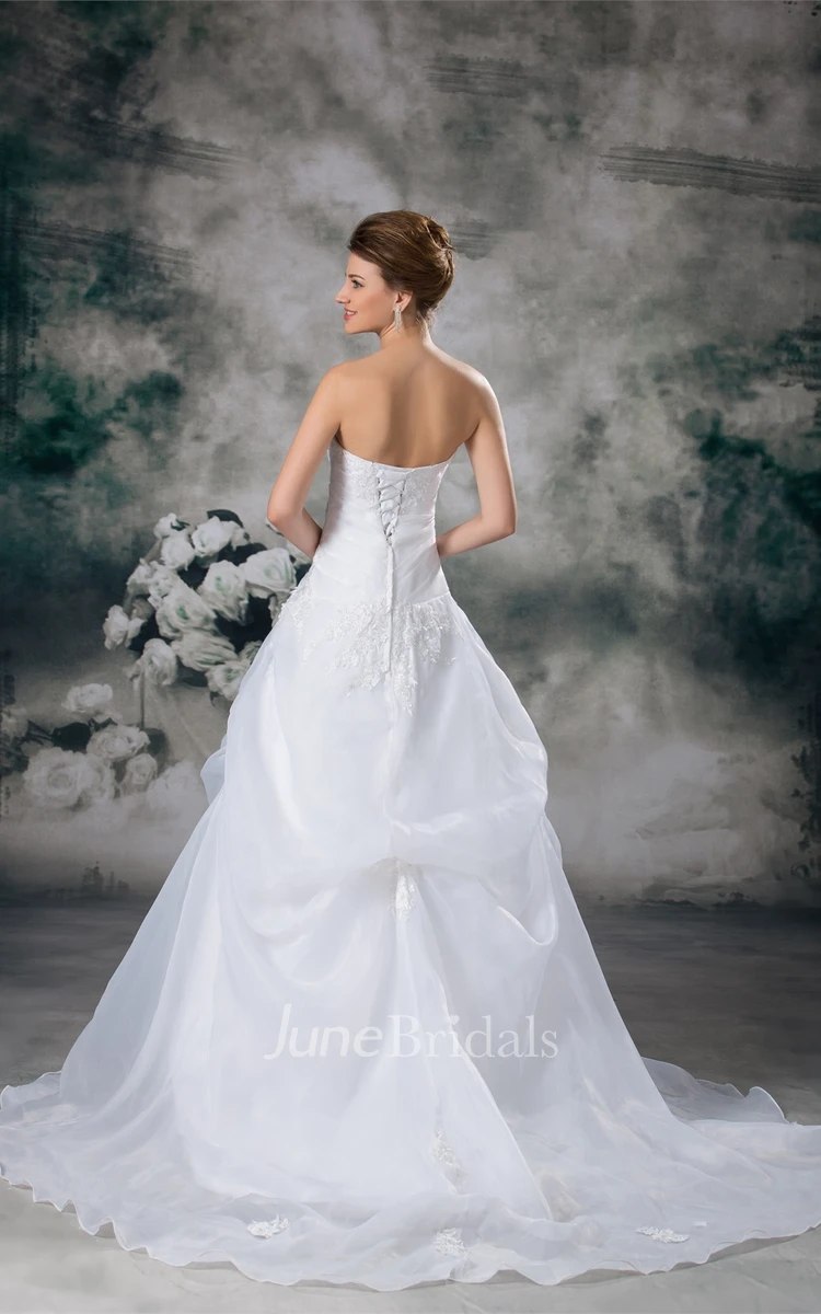 strapless pick-up ball lace gown with court train and appliques