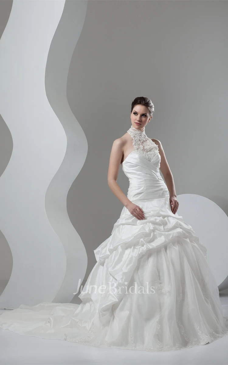 High-Neck Sleeveless Pick-Up Gown with Beading and Appliques