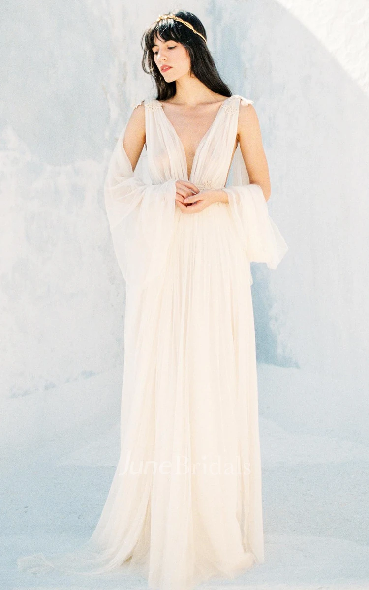Grecian V-neck Plunging Neckline A-Line Tulle Wedding Dress With Low-V Back And Sash