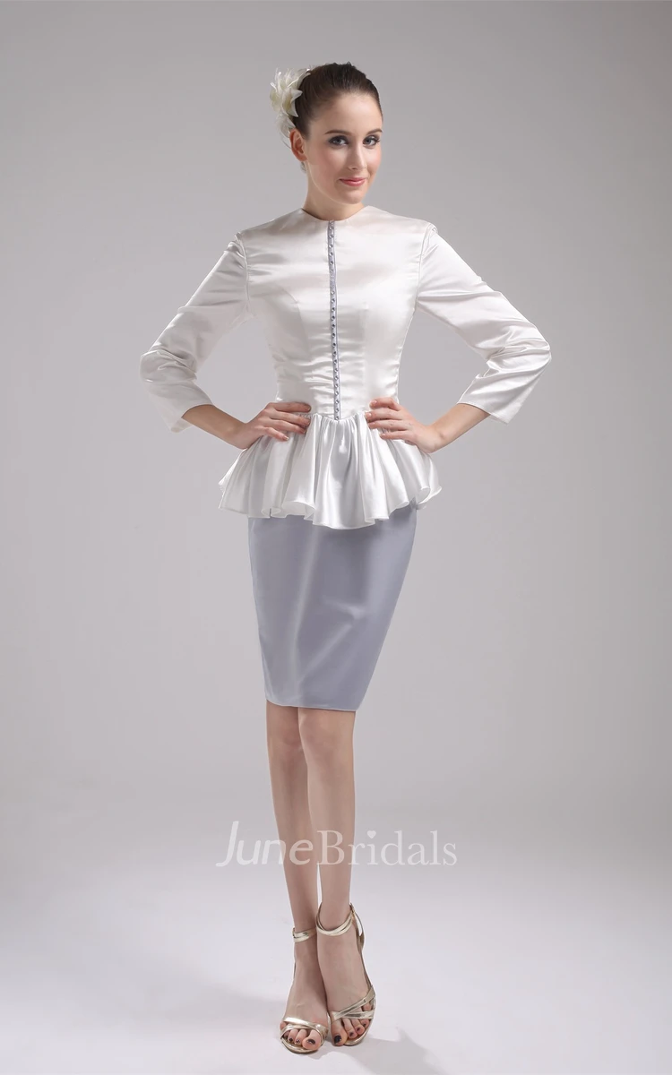 Two-Tone High-Neck Long-Sleeve Pencil Dress with Peplum