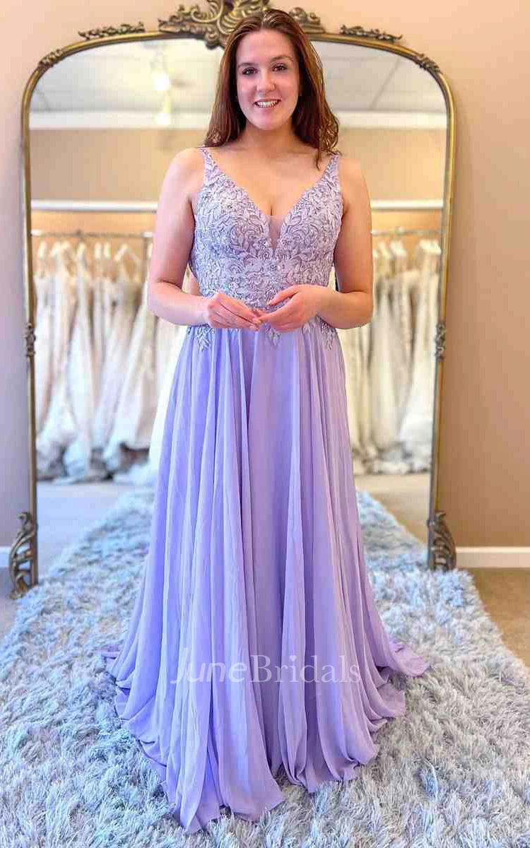 Chiffon V-neck A-Line Simple Beach Prom Dress With Appliques And Low-V Back