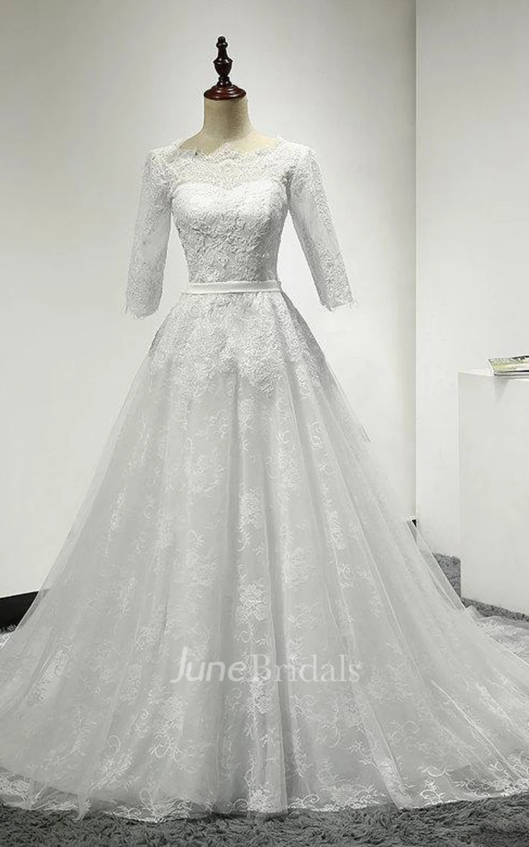 A-Line Scalloped Tulle Lace Weddig Dress With Illusion