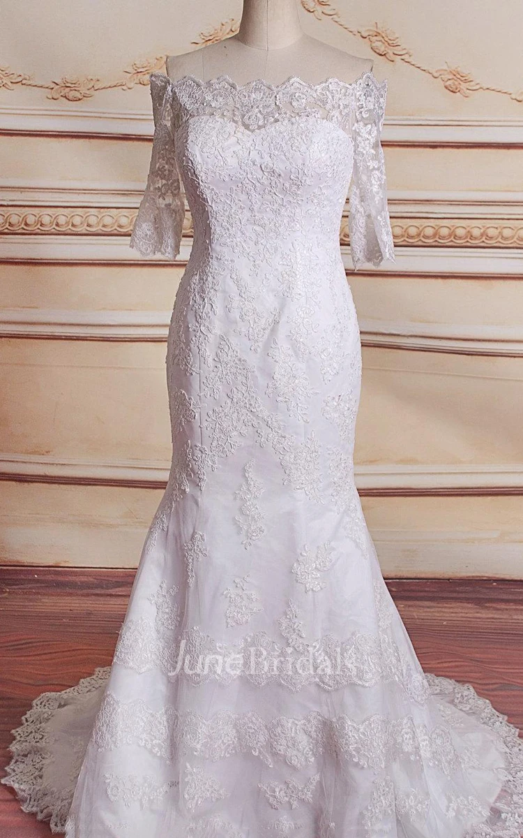 Mermaid Off-The-Shoulder Half Sleeve Lace Satin Dress With Appliques