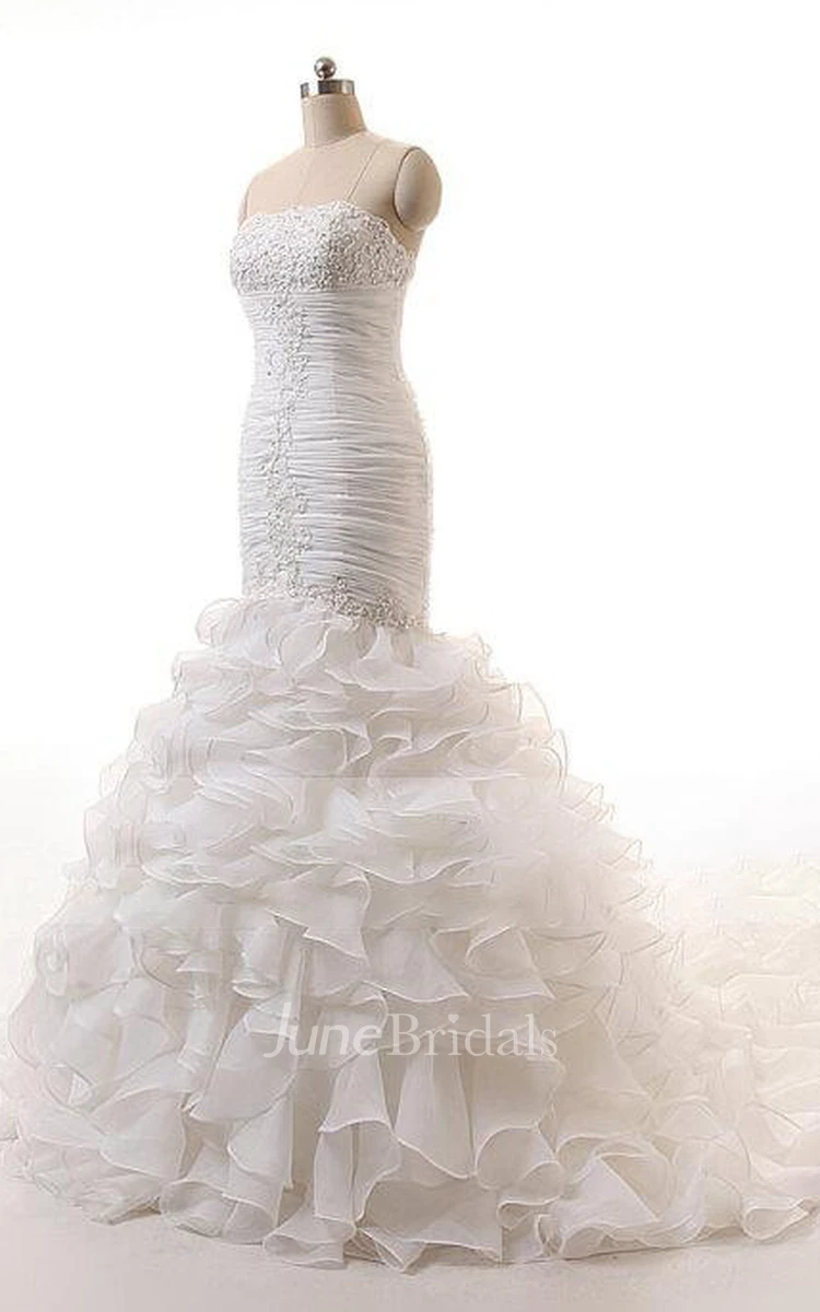 Mermaid Strapped Organza Dress With Appliques Ruffles