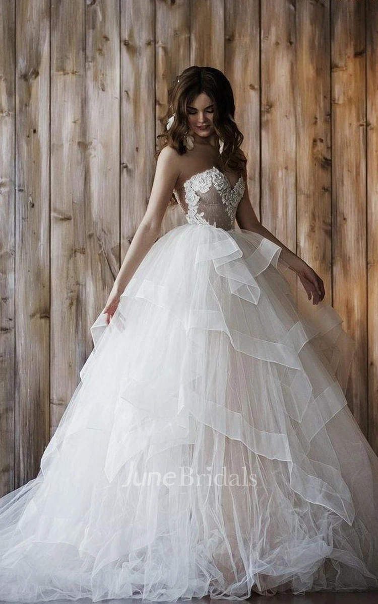 Princess Floral Beaded A Line Wedding Dress Illusion Neckline Spaghetti  Straps Corset Low Back